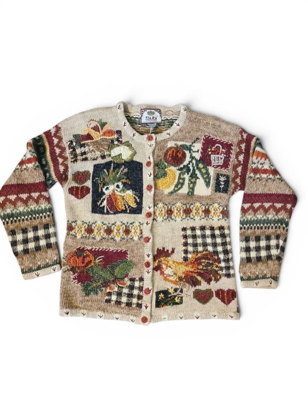 Vintage Tiara 2000 Cottagecore Prairiecore Rooster Farm Cardigan Sweater Grandma